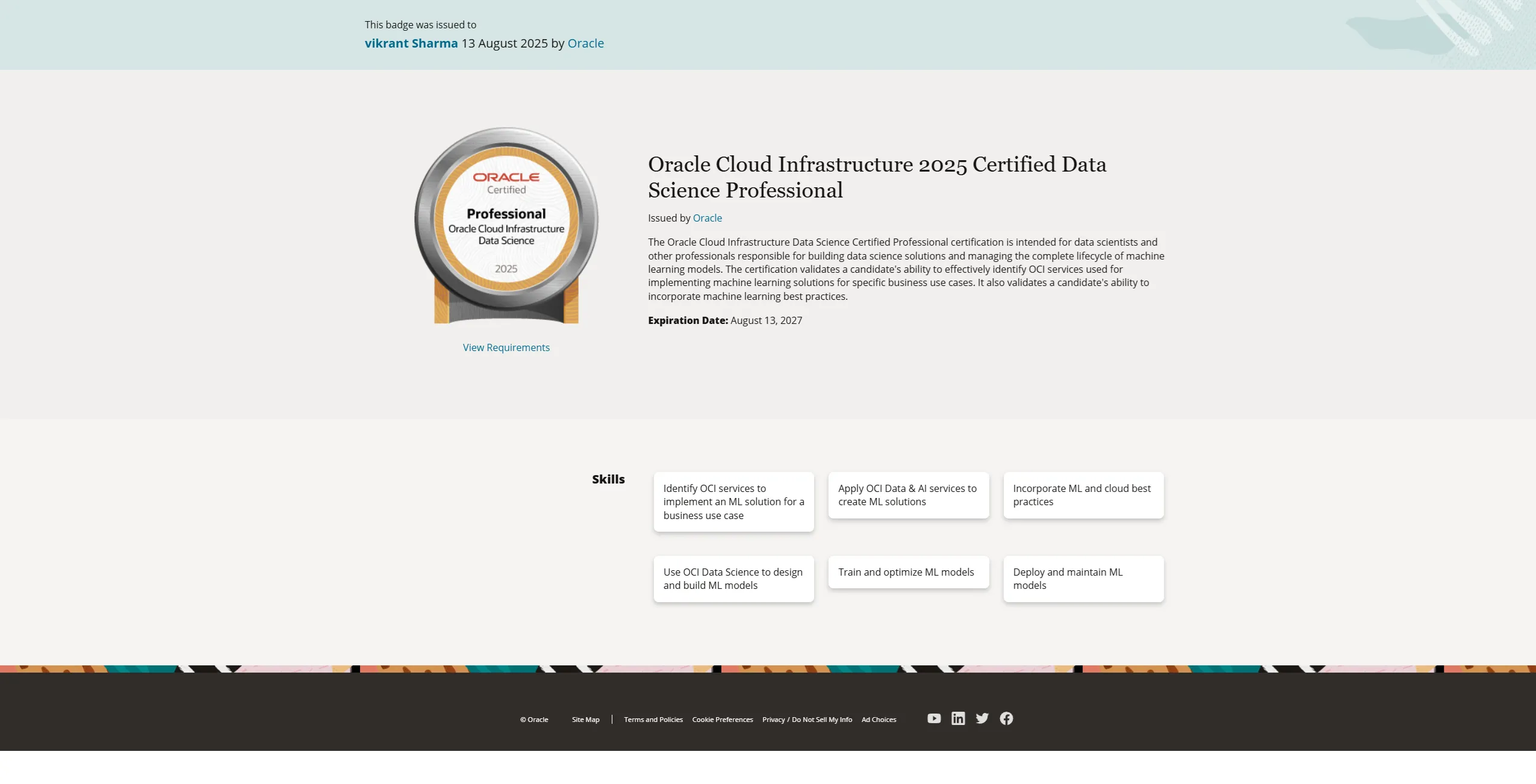 Oracle Cloud Infrastructure 2025 Certified Data Science Professional certificate