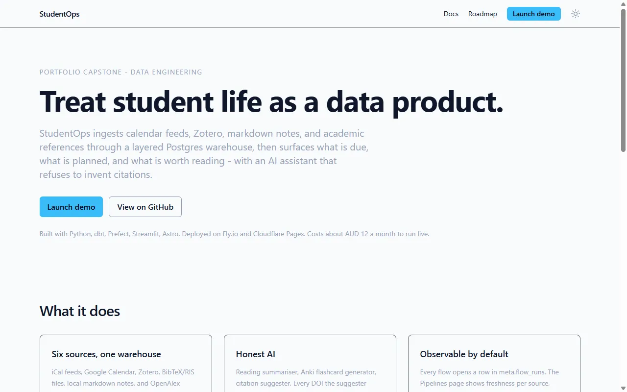 Screenshot of StudentOps Data Platform