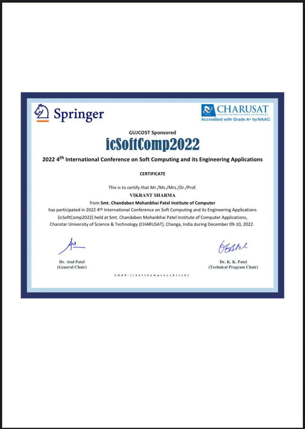 icSoftComp 2022, Intl. Conference on Soft Computing certificate
