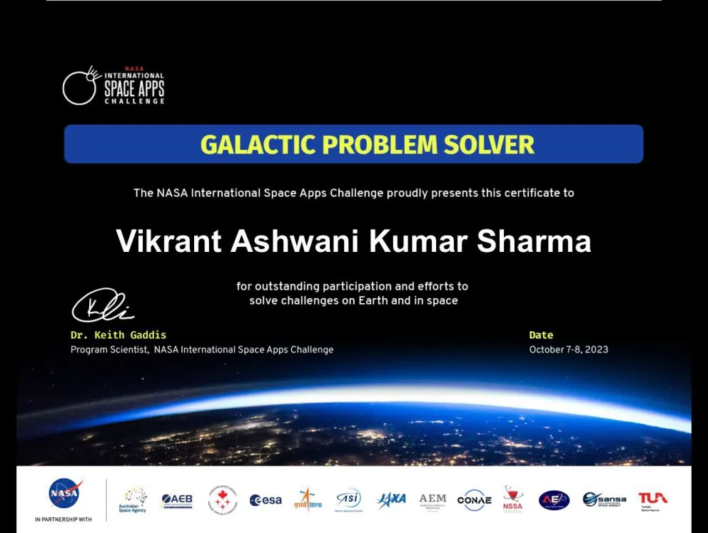 NASA Space Apps "Galactic Problem Solver" certificate