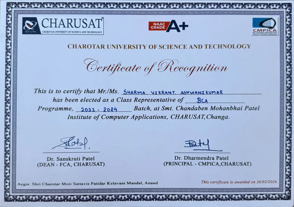 Class Representative Recognition certificate