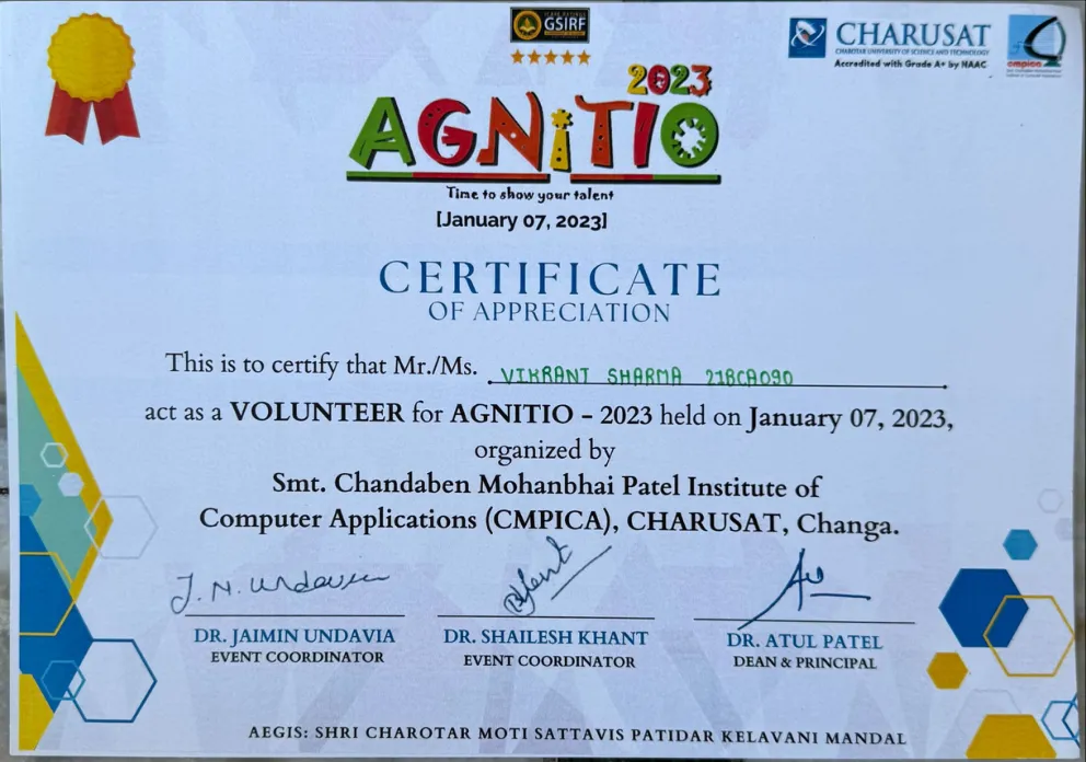AGNITO 2023 Volunteer certificate