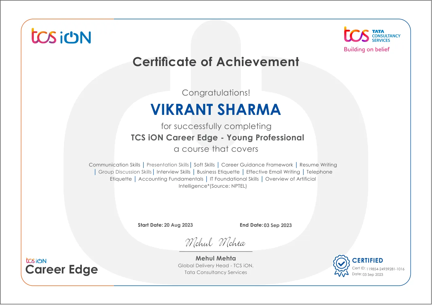 TCS iON Career Edge, Young Professional certificate